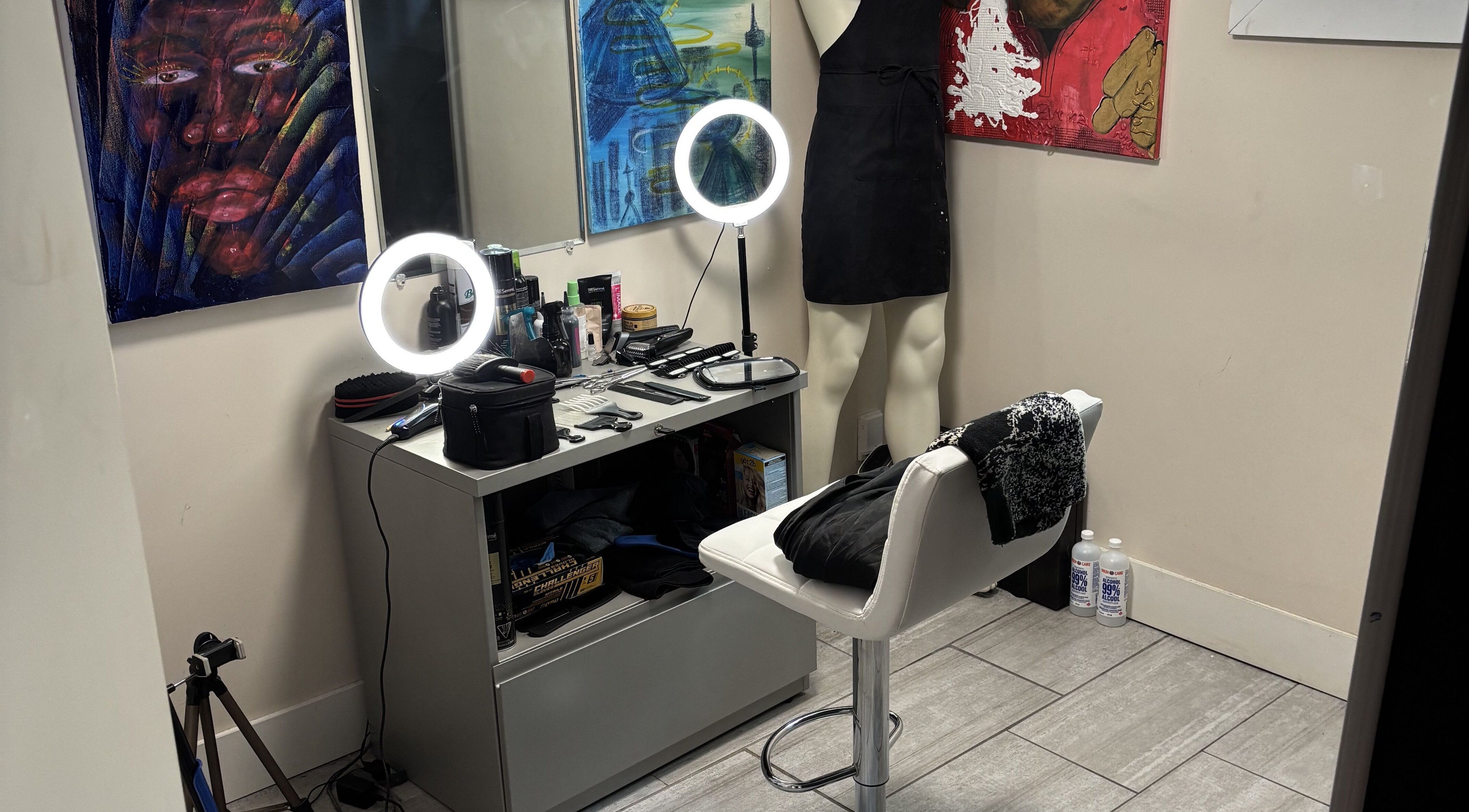 Makeup station at Picutsso Campus Friendly Location, Charlottetown, Prince Edward Island, CA with artistic decor.
