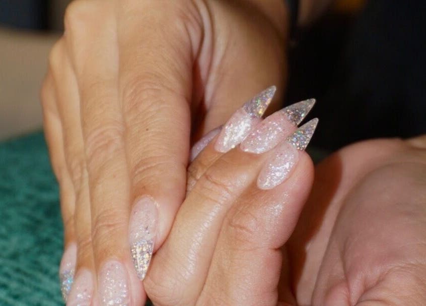 Elegant, glittery nail art showcased at Barepolish, Sterling, Virginia, US.
