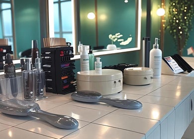 Estilo reluciente en Bonita & Consciente, San Salvador, San Salvador, SV. Productos de belleza en mostrador blanco.