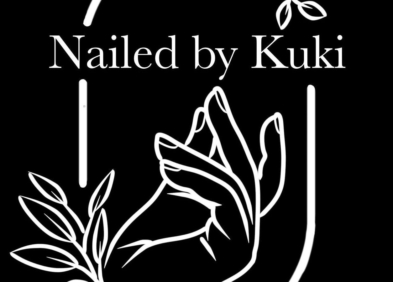 Stylized hand design with leaves, logo for Nailed by Kuki, Willemstad, CW. A chic aesthetic for beauty.