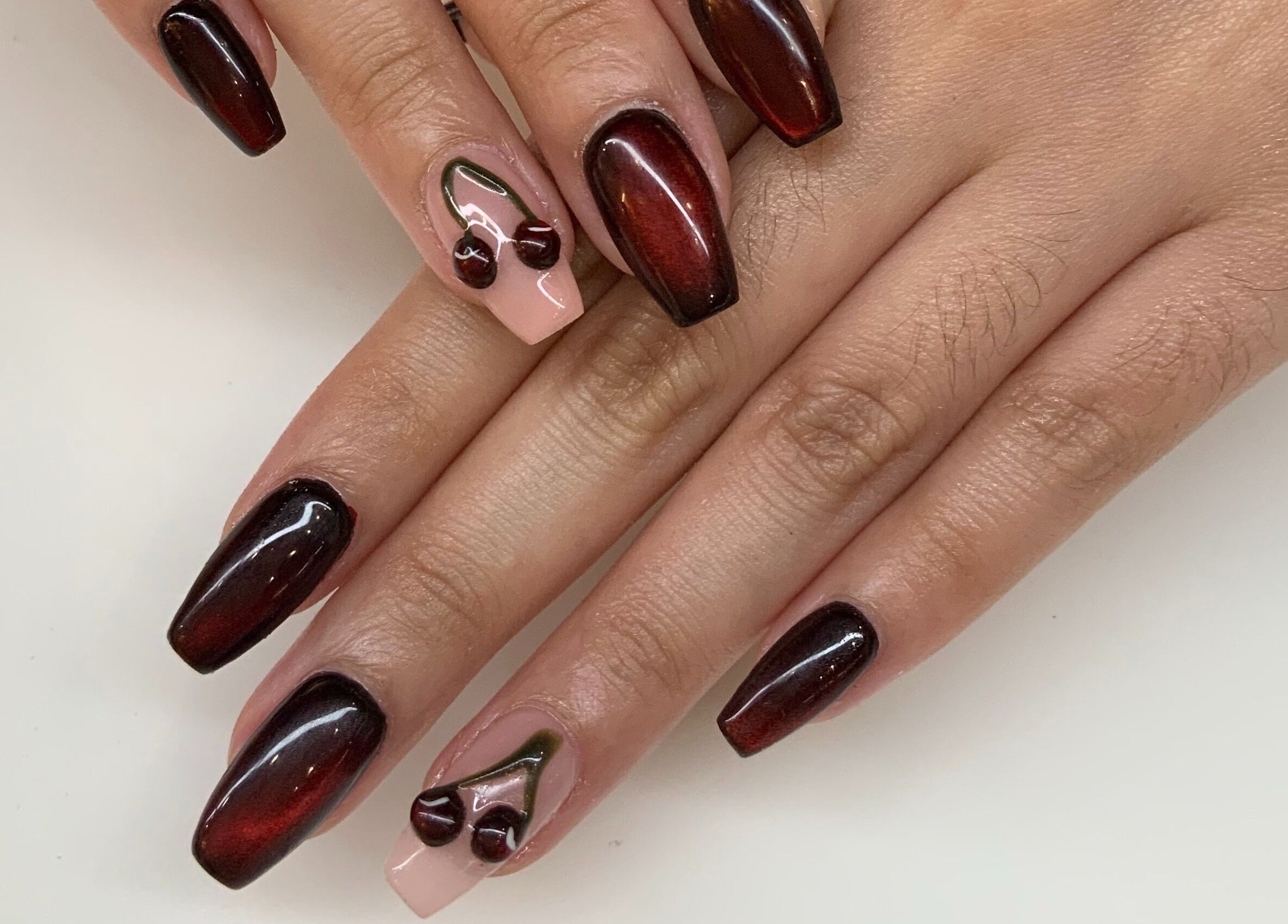 Elegant cherry-themed nail art at Claws Studio, Mandaluyong City, Metro Manila, PH.