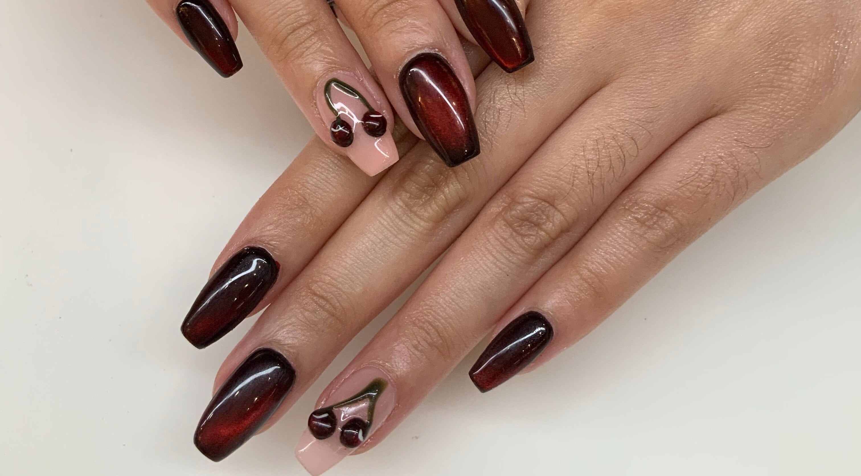 Elegant cherry-themed nail art at Claws Studio, Mandaluyong City, Metro Manila, PH.
