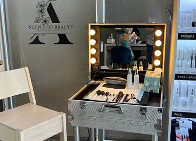Makeup station at A Scent of Beauty, Woodcroft, South Australia, AU featuring brushes and skincare products.