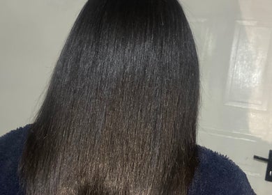 Glossy, straight hair transformation at Esperance beauty bar, East London, Eastern Cape, ZA.