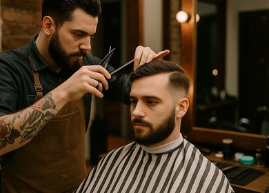 Barbero detallista en Barberia, Neuquén, Neuquén, AR, realizando un corte moderno y elegante.