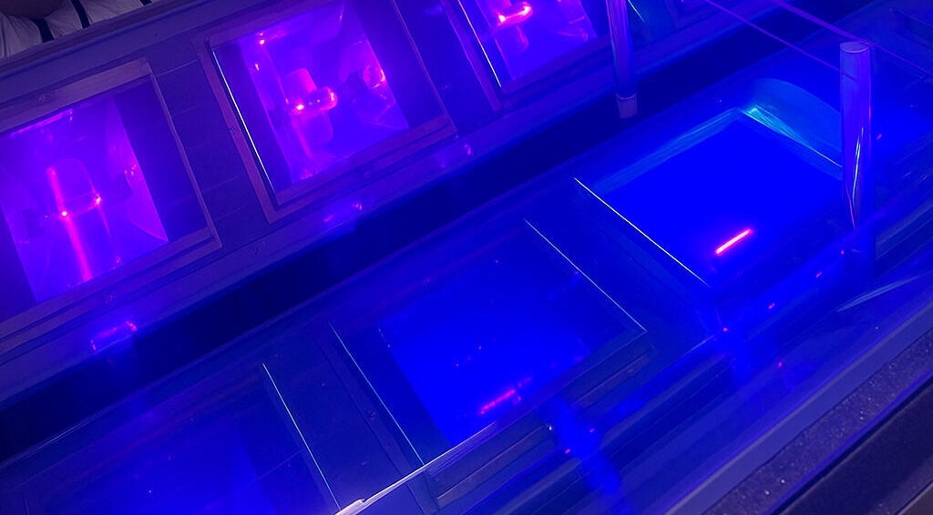 UV tanning booth at Sun Of A Beach Tanning in Taylor, Michigan offers a vibrant blue light experience.