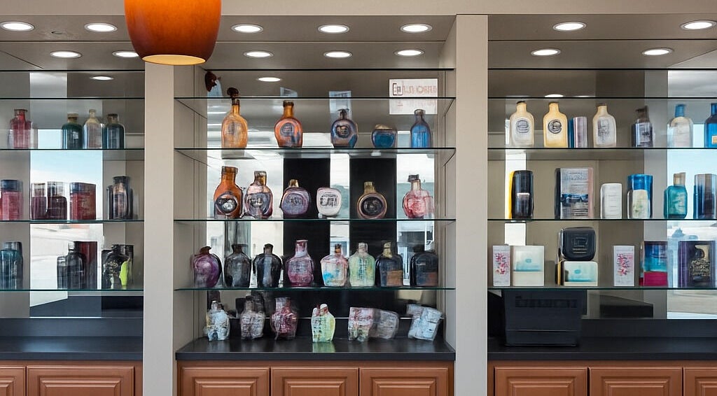 Elegant display of tanning products at Sun Of A Beach Tanning, Taylor, Michigan, US.