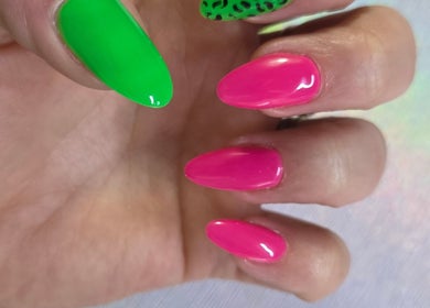 Vibrant green and pink nail art at Beauty By Aine, Athlone, County Roscommon, IE.