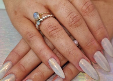 Pearlescent manicure with elegant rings at Beauty By Aine, Athlone, County Roscommon, IE.