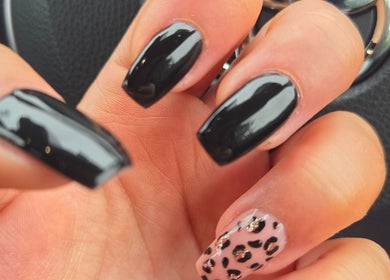 Stylish leopard print and glossy black nails at Beauty By Aine, Athlone, County Roscommon, IE.