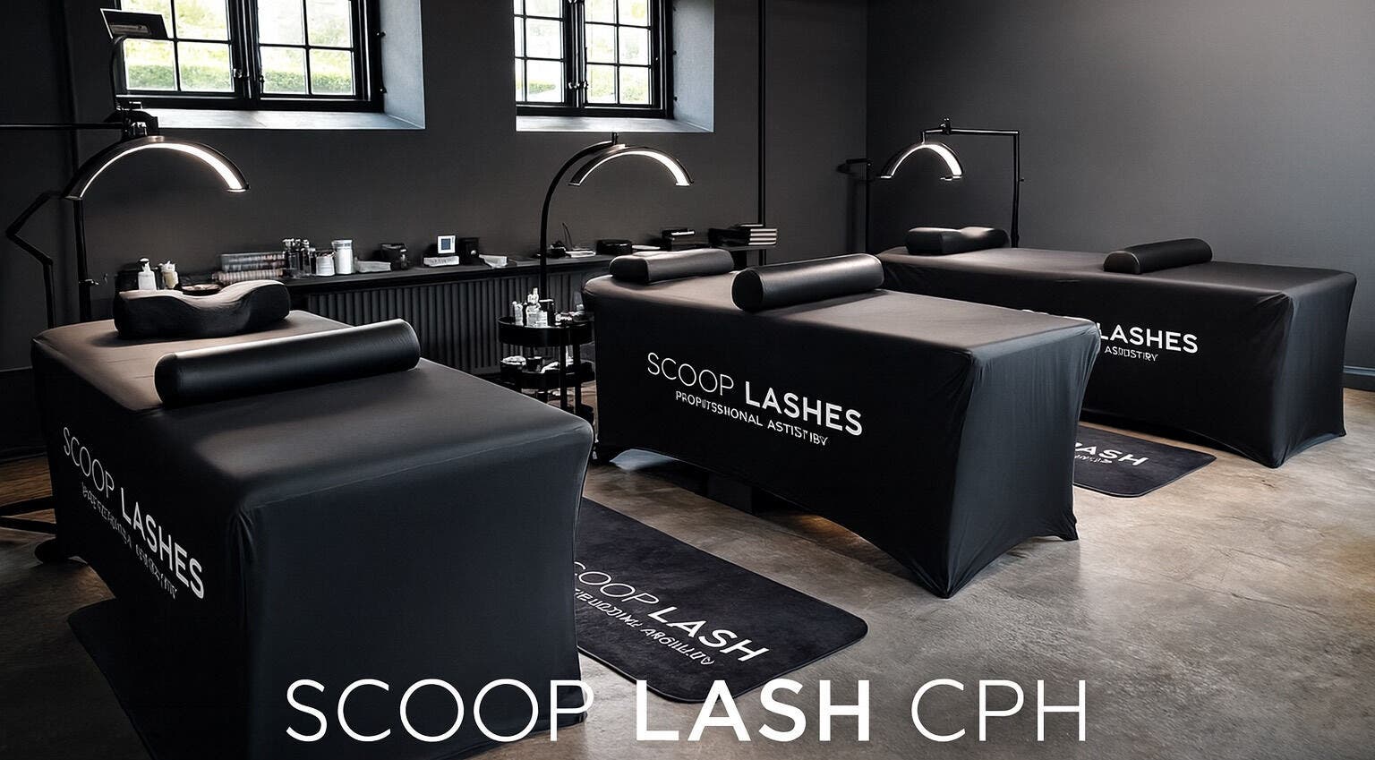 Moderne behandlingsrum hos Scoop Lash Cph i København, Denmark, DK med stilfulde sorte liggeborde.