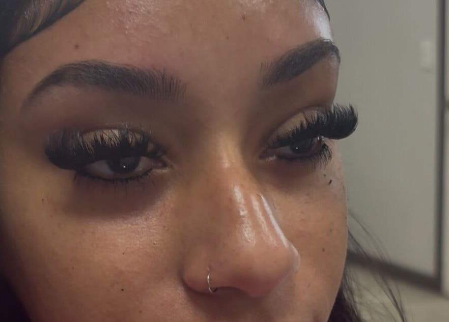Close-up of eyelash extensions at FlawlessFlutters by Trin in Dundas Town, Central Abaco, BS.