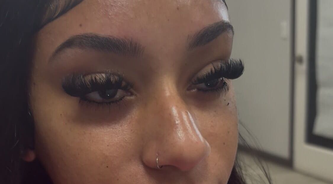 Close-up of eyelash extensions at FlawlessFlutters by Trin in Dundas Town, Central Abaco, BS.