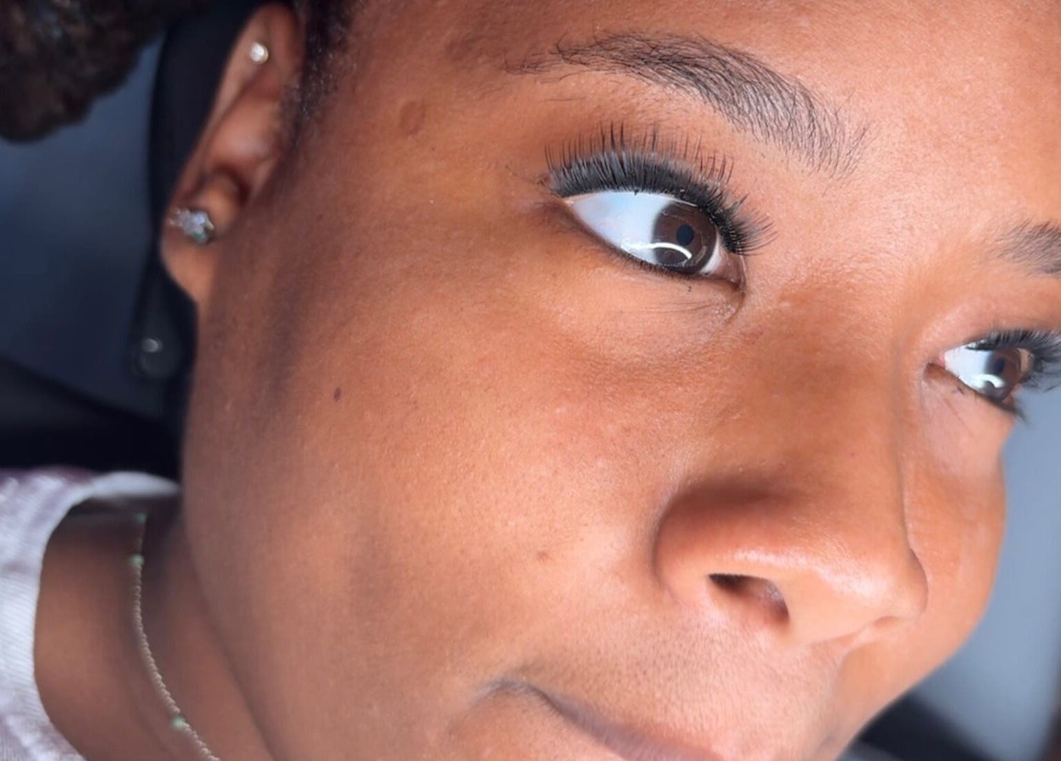 Close-up of flawless eyelash extensions at FlawlessFlutters by Trin, Dundas Town, Central Abaco, BS.