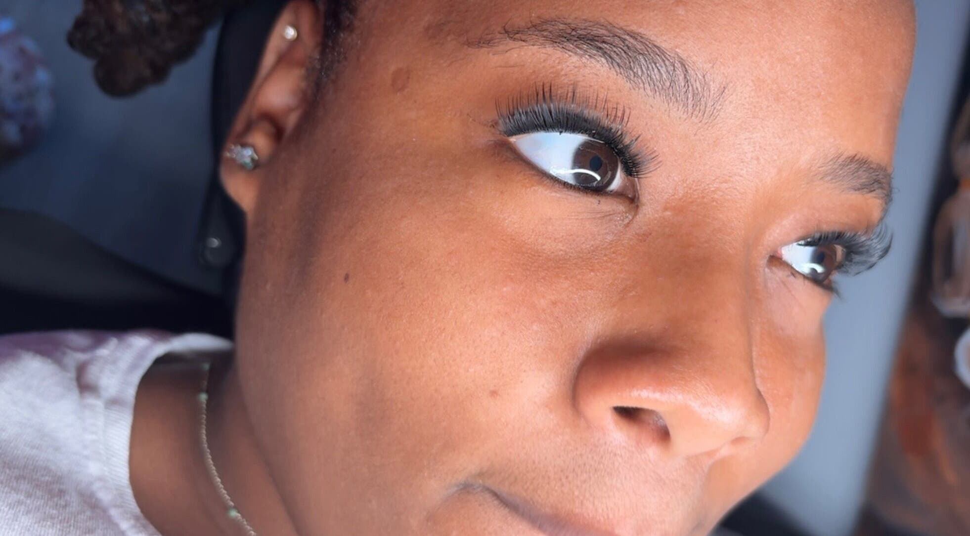 Close-up of flawless eyelash extensions at FlawlessFlutters by Trin, Dundas Town, Central Abaco, BS.