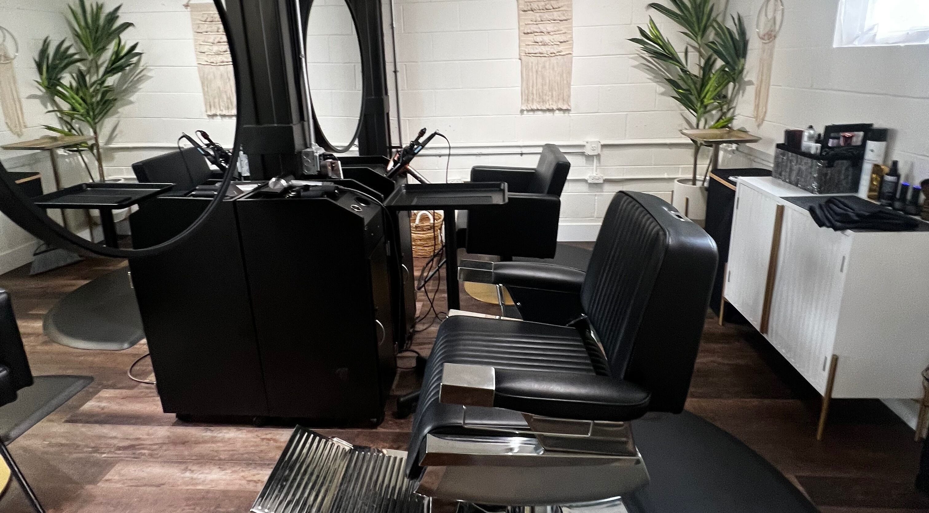 Modern salon chairs and mirrors at Tristen Graves, Ridgefield, Washington, US.