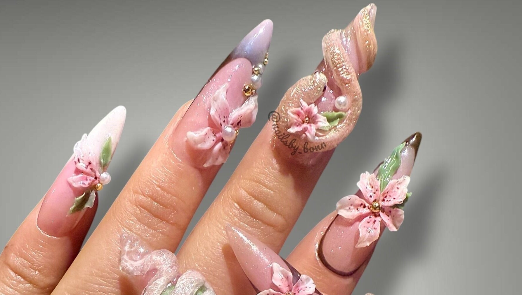 Intricate floral nail art design at Nails By Bonn, Walnut Creek, California, US.