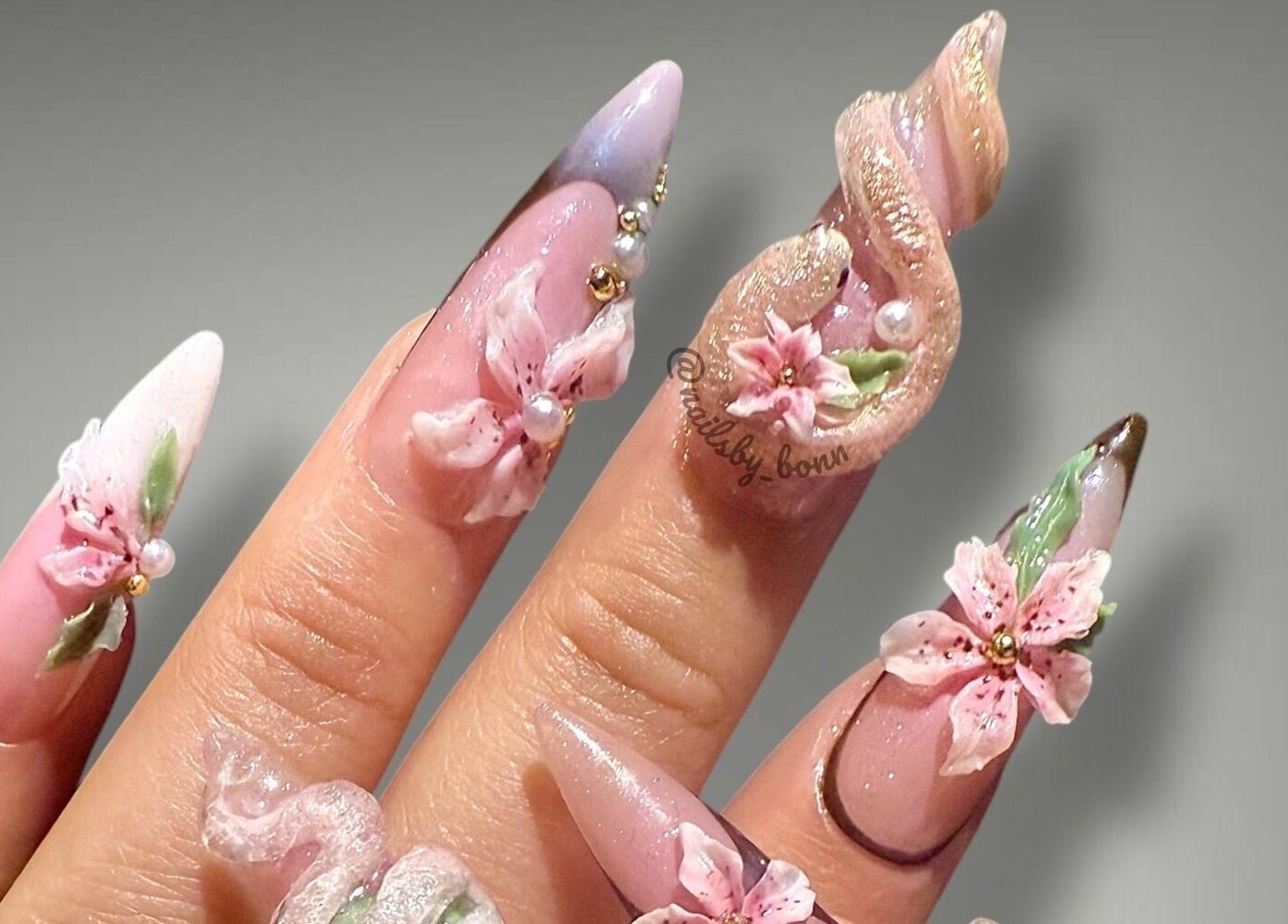 Intricate floral nail art design at Nails By Bonn, Walnut Creek, California, US.