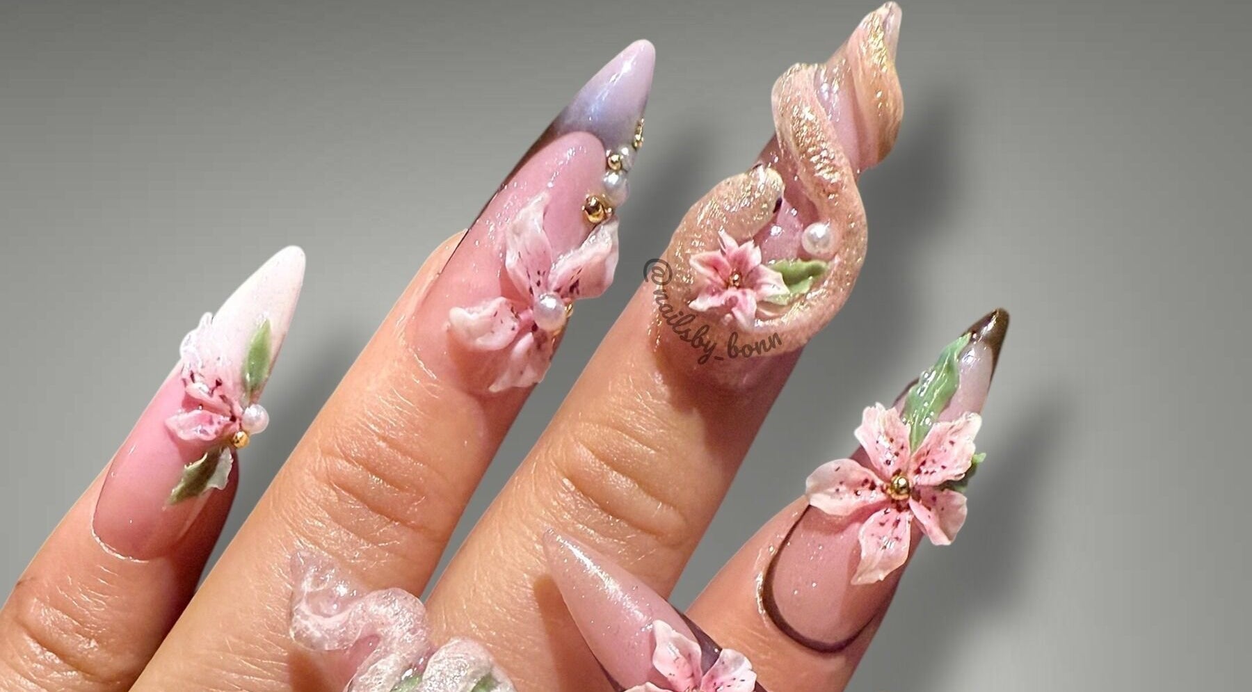 Intricate floral nail art design at Nails By Bonn, Walnut Creek, California, US.