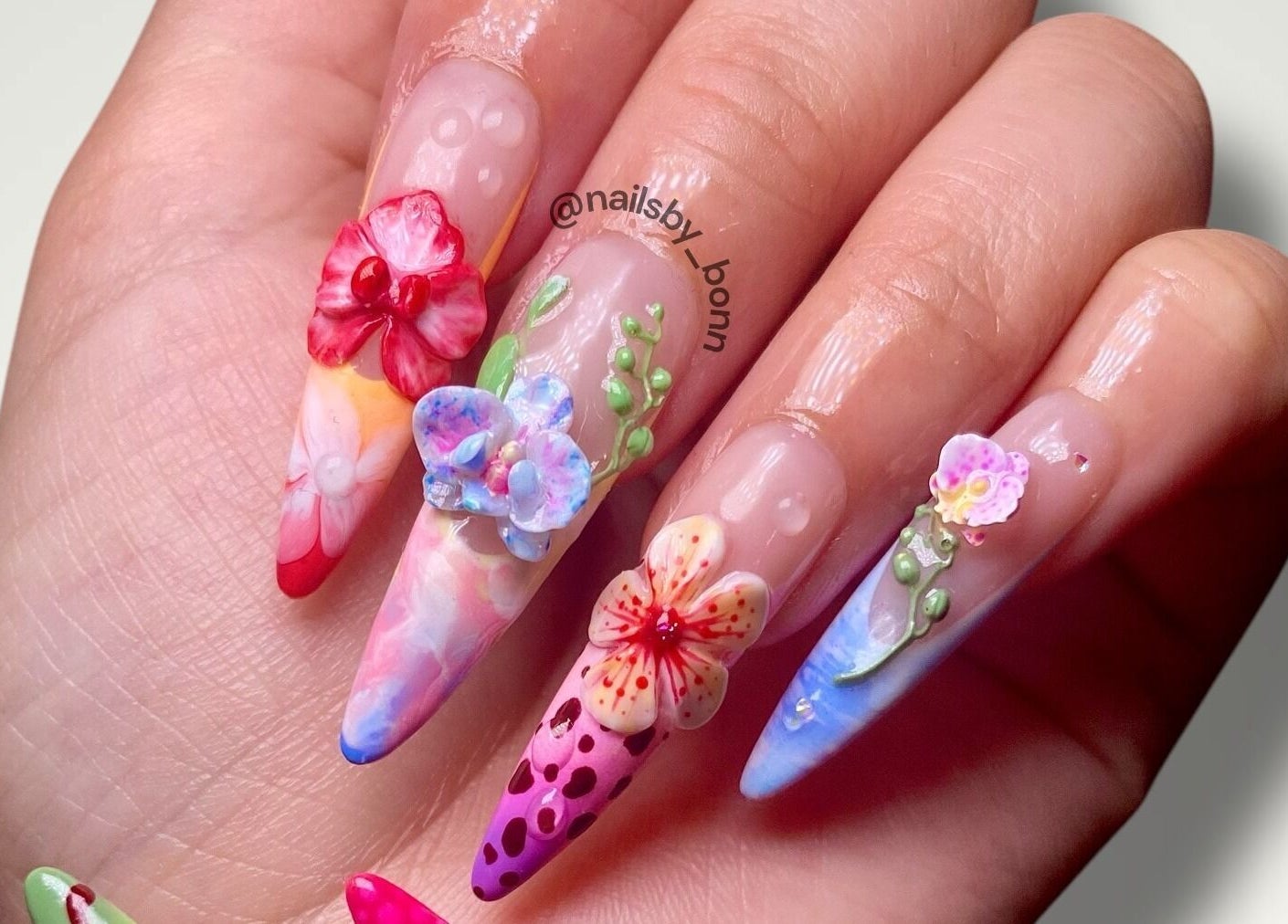 Intricate 3D floral nail art by Nails By Bonn, Walnut Creek, California, US.