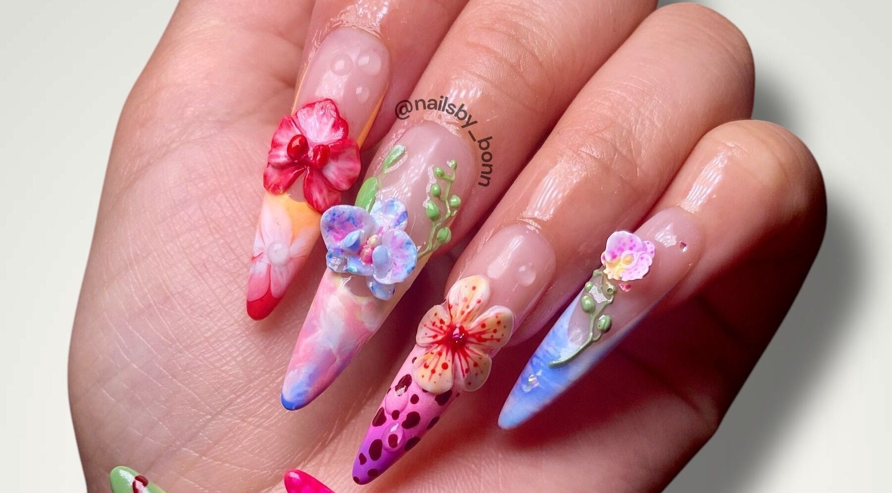 Intricate 3D floral nail art by Nails By Bonn, Walnut Creek, California, US.