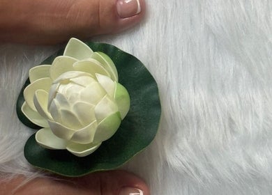 French pedicure with white flower at Thembi the light house of beauty, Cape Town, Western Cape, ZA.
