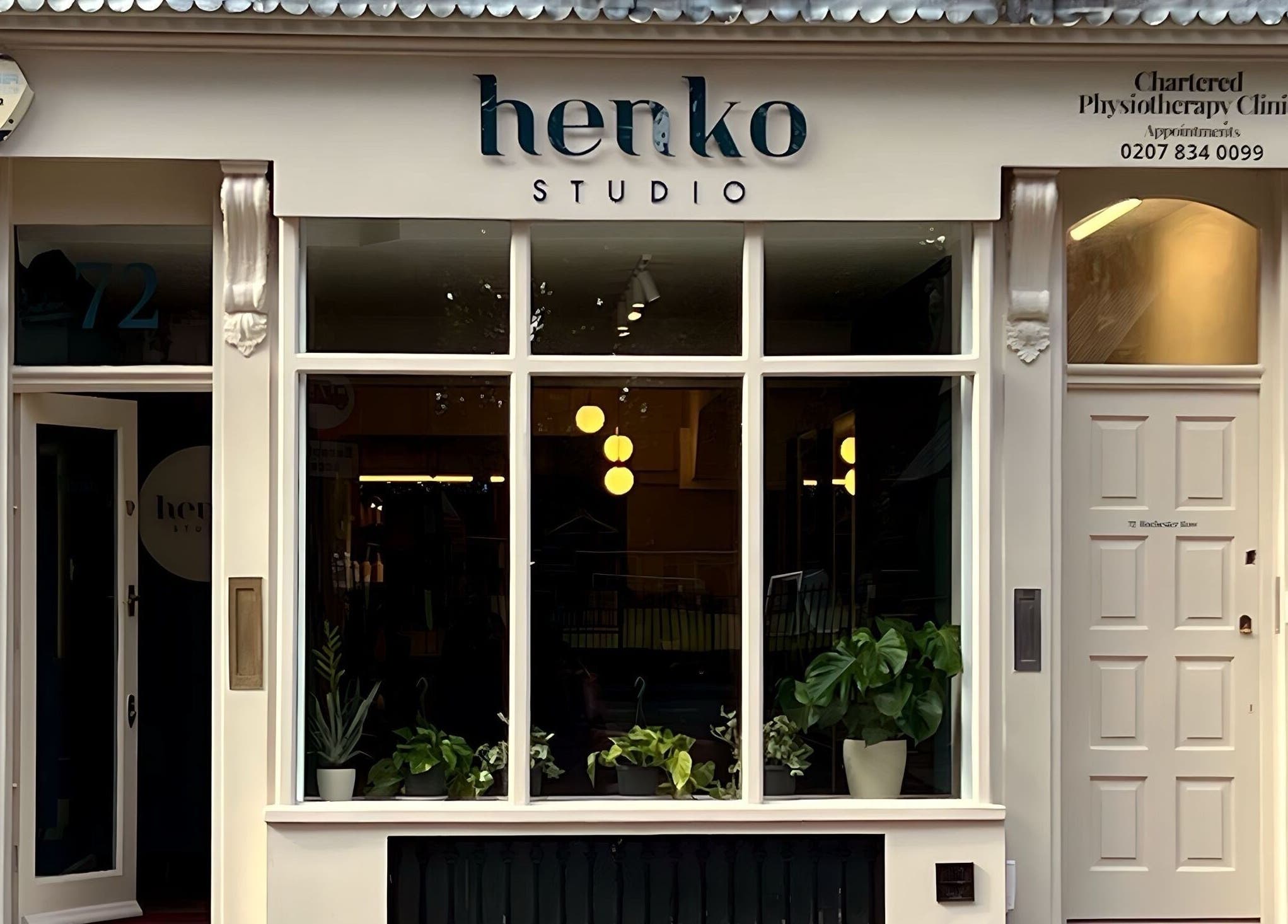 Exterior view of Henko Studio in London, England, GB, showcasing a stylish facade with lush plants.