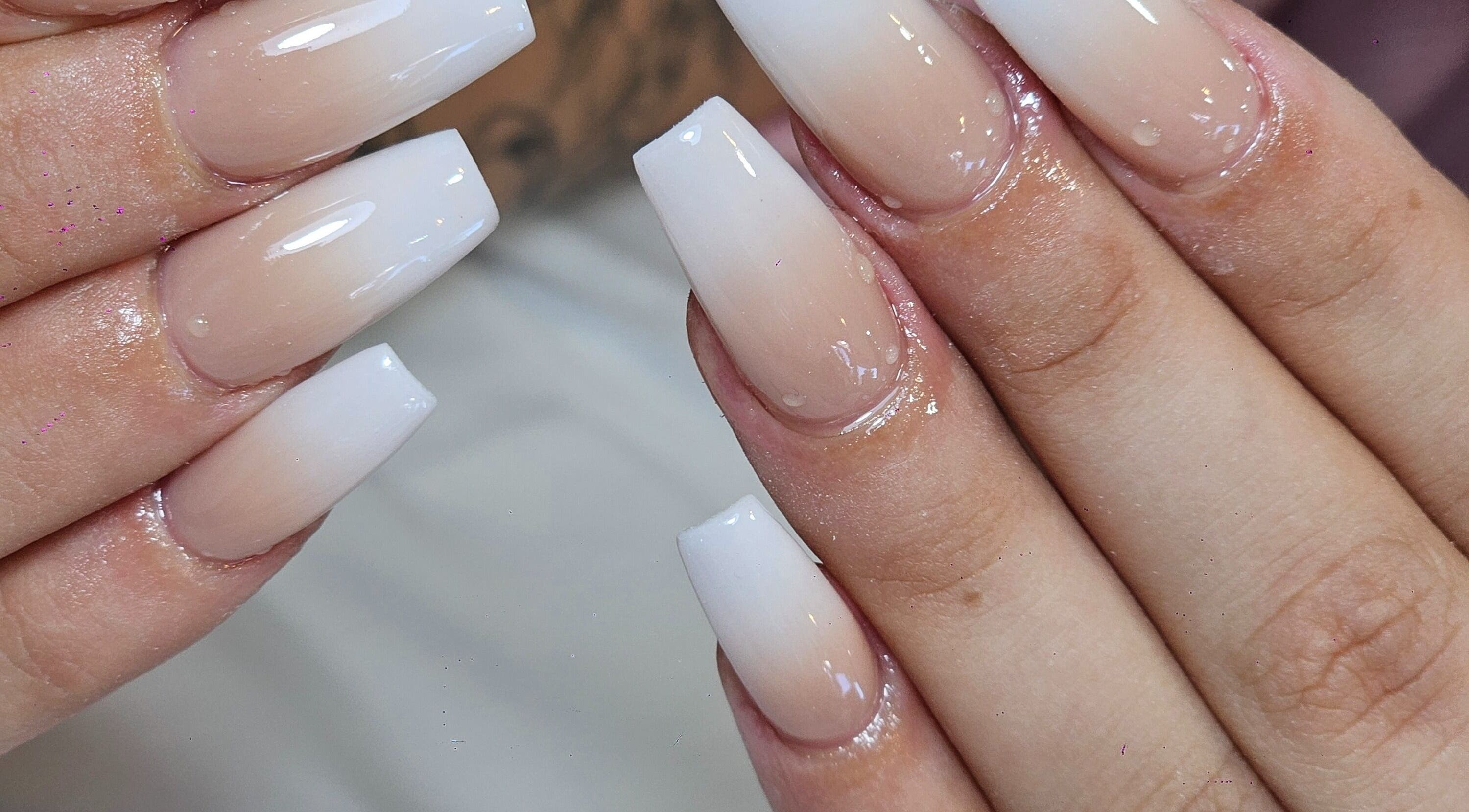 Close-up of elegant acrylic nails at Sandy Nails And Headspa Therapy, Cabramatta, New South Wales, AU.