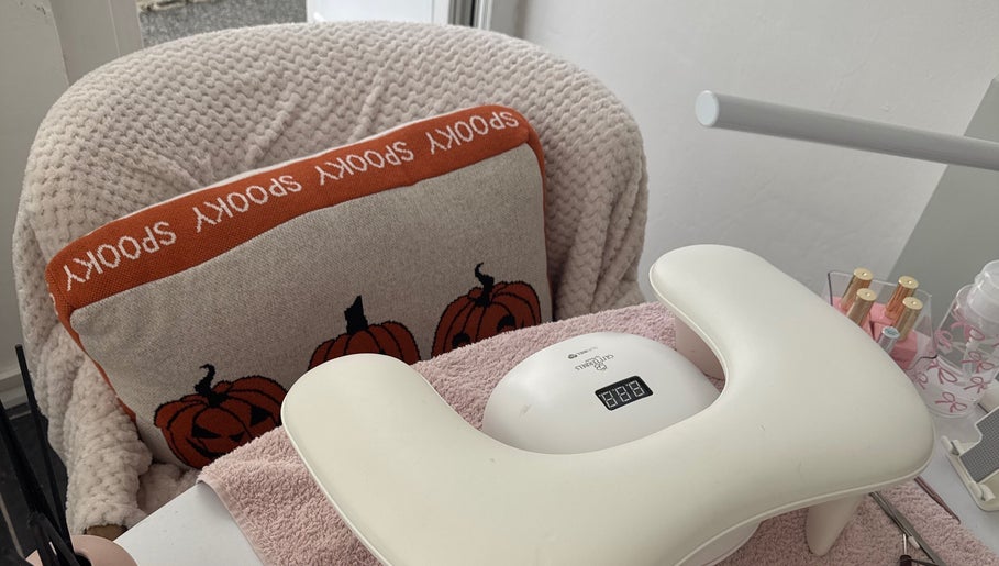 Comfortable nail station at KvNails, Portsmouth, England, GB. Features plush chair and manicure tools.