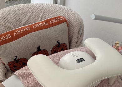 Comfortable nail station at KvNails, Portsmouth, England, GB. Features plush chair and manicure tools.