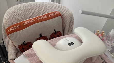 Comfortable nail station at KvNails, Portsmouth, England, GB. Features plush chair and manicure tools.