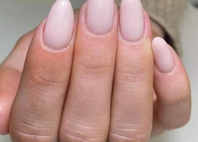Close-up of elegant nude nails at Blush Beauty And Nails, Bathgate, Scotland, GB.