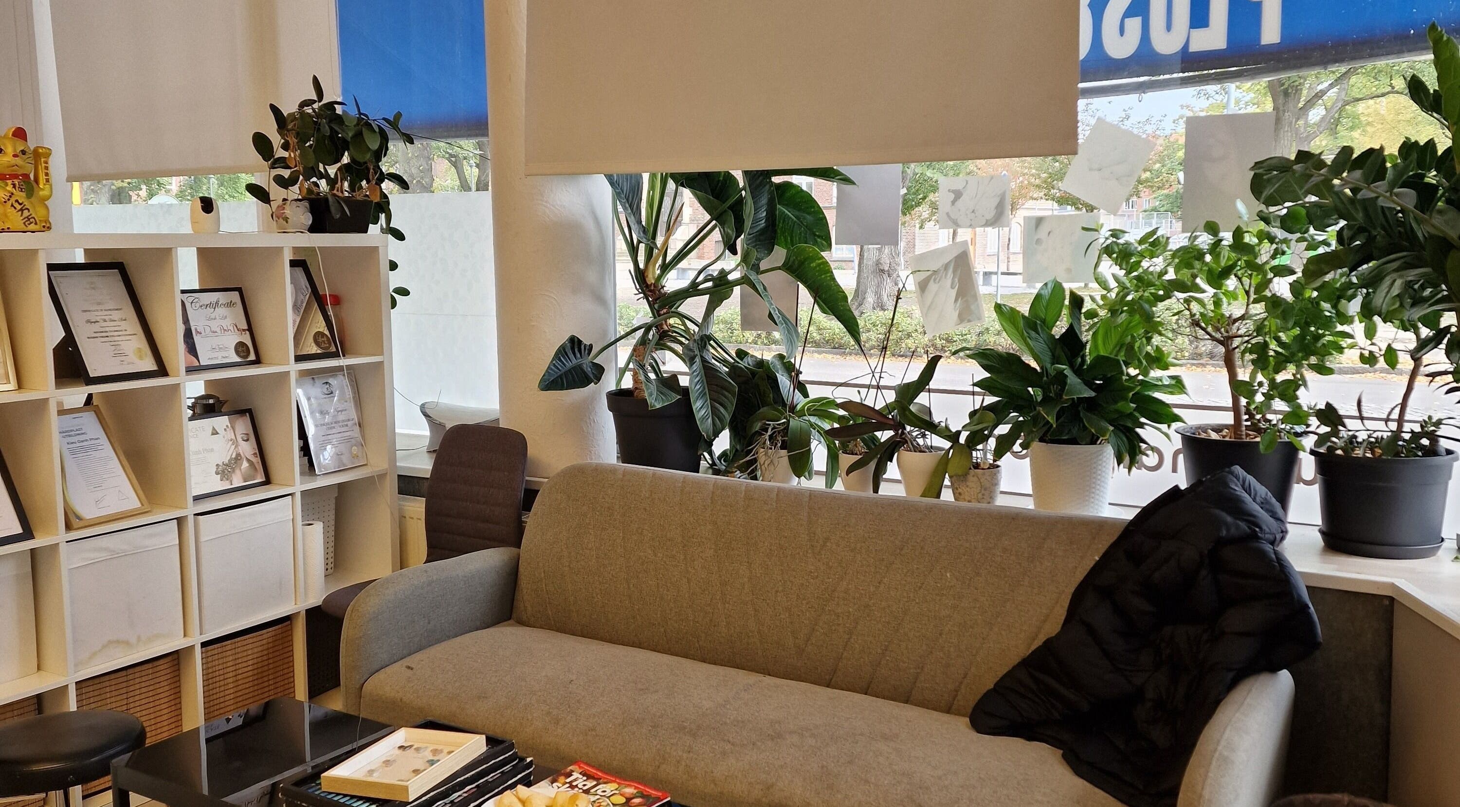 Mysig lounge på Plus 84 Nails, Landskrona, Skåne Län, SE med växter och diplom på hyllor.