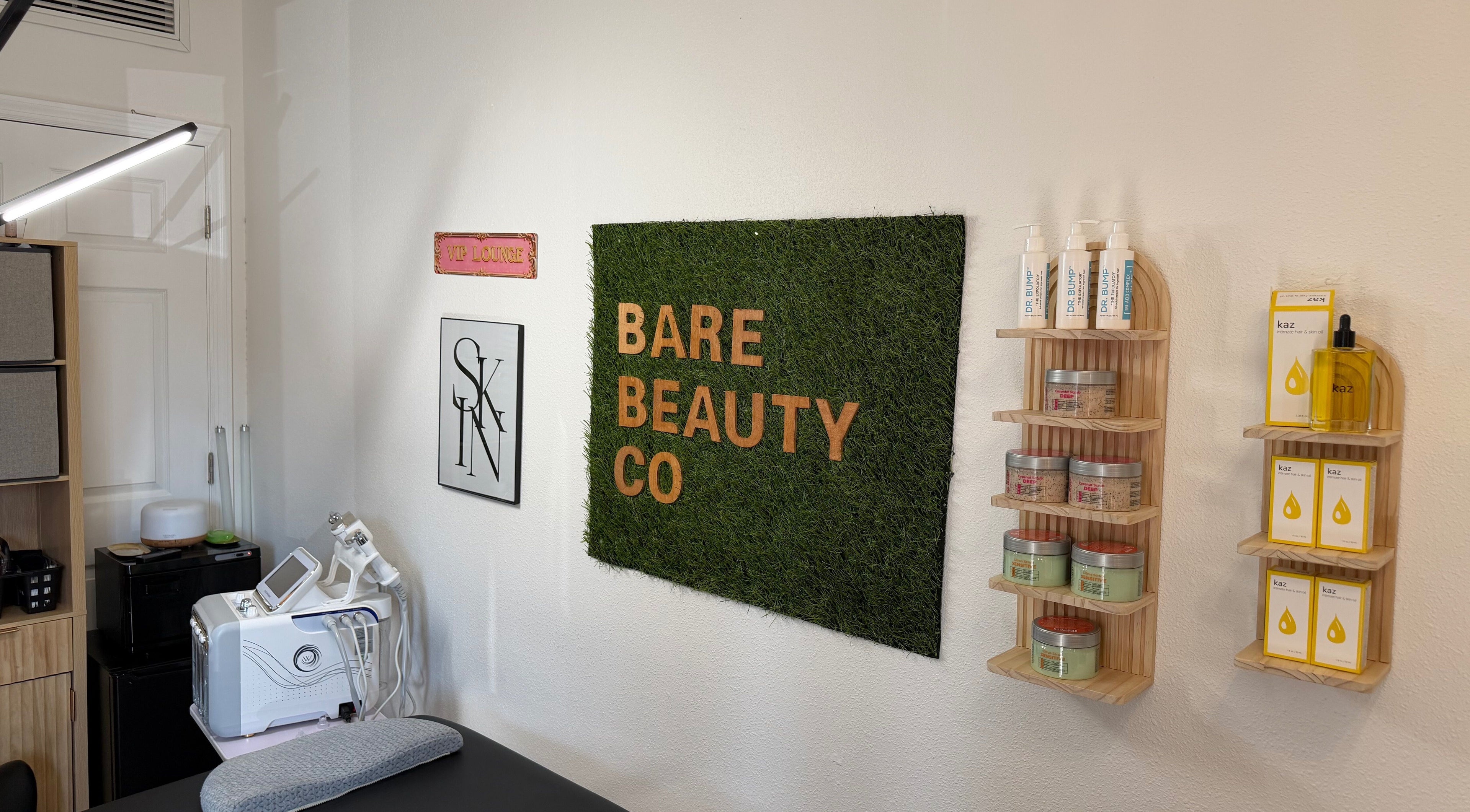 Cozy interior of Bare Beauty Co. in Zephyrhills, Florida, US with skincare products on display.