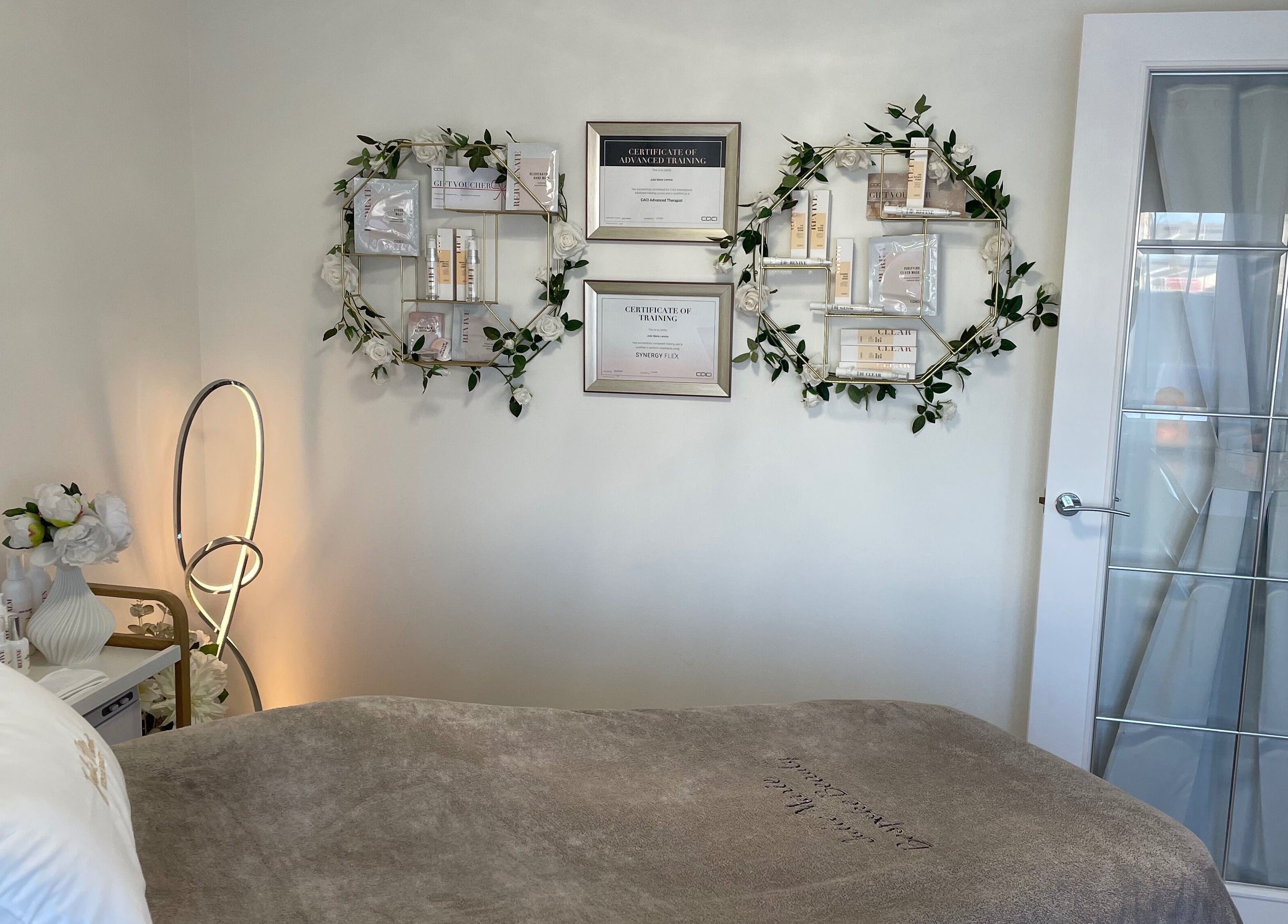 Tranquil beauty room at Julie Marie Bespoke Beauty in Dunbar, Scotland, GB, showcasing elegant interior decor.