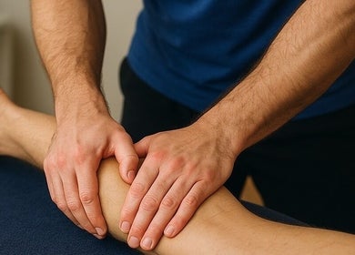 Massage therapy session at Glo & Co in Wallingford, England, GB, showcasing skilled hands working on a leg.
