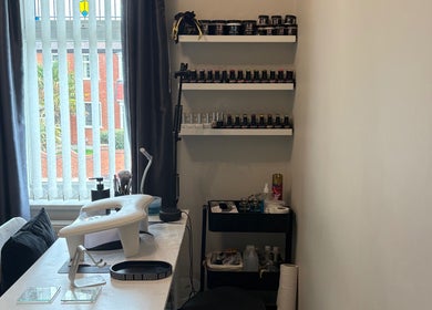 EDM Beauty nail studio in Stockton-on-tees, England, GB featuring stylish shelves and tools.