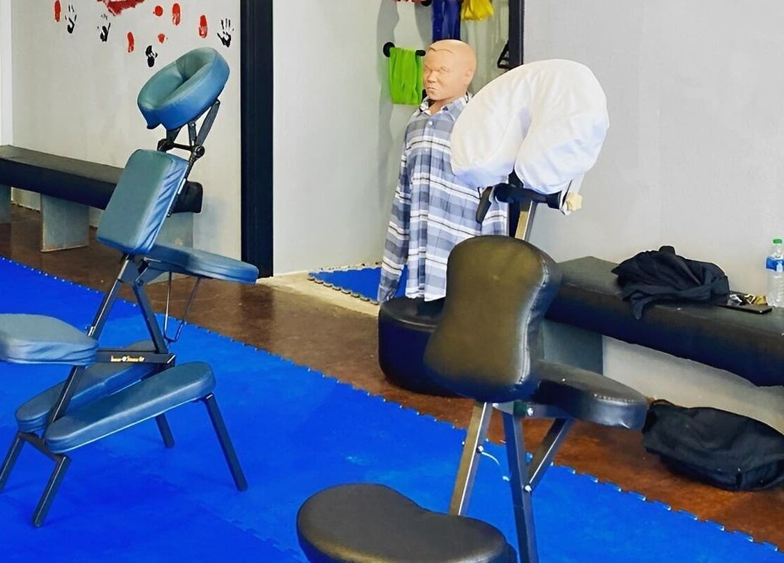 Therapeutic Touch massage chairs ready for clients in Sonoma, California, US wellness room.