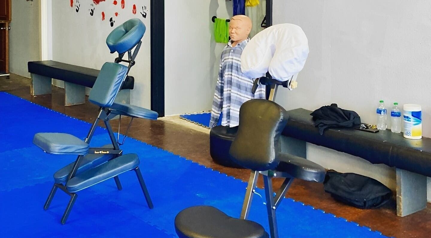 Therapeutic Touch massage chairs ready for clients in Sonoma, California, US wellness room.