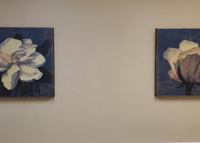 Elegant magnolia paintings enhance the tranquil ambiance at Magnolia Massage Arts, Cary, North Carolina, US.