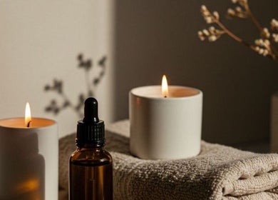 Aromatherapy candles and oil at Novaé by Valentina, Newstead, Queensland, AU, enhancing relaxation ambiance.