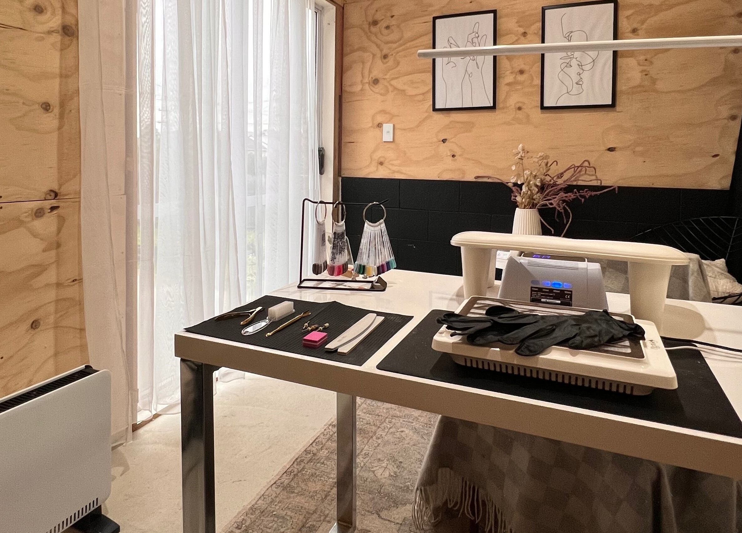 Stylish nail salon space at Studio L Nails, New Plymouth, Taranaki Region, NZ with modern decor and manicure tools.