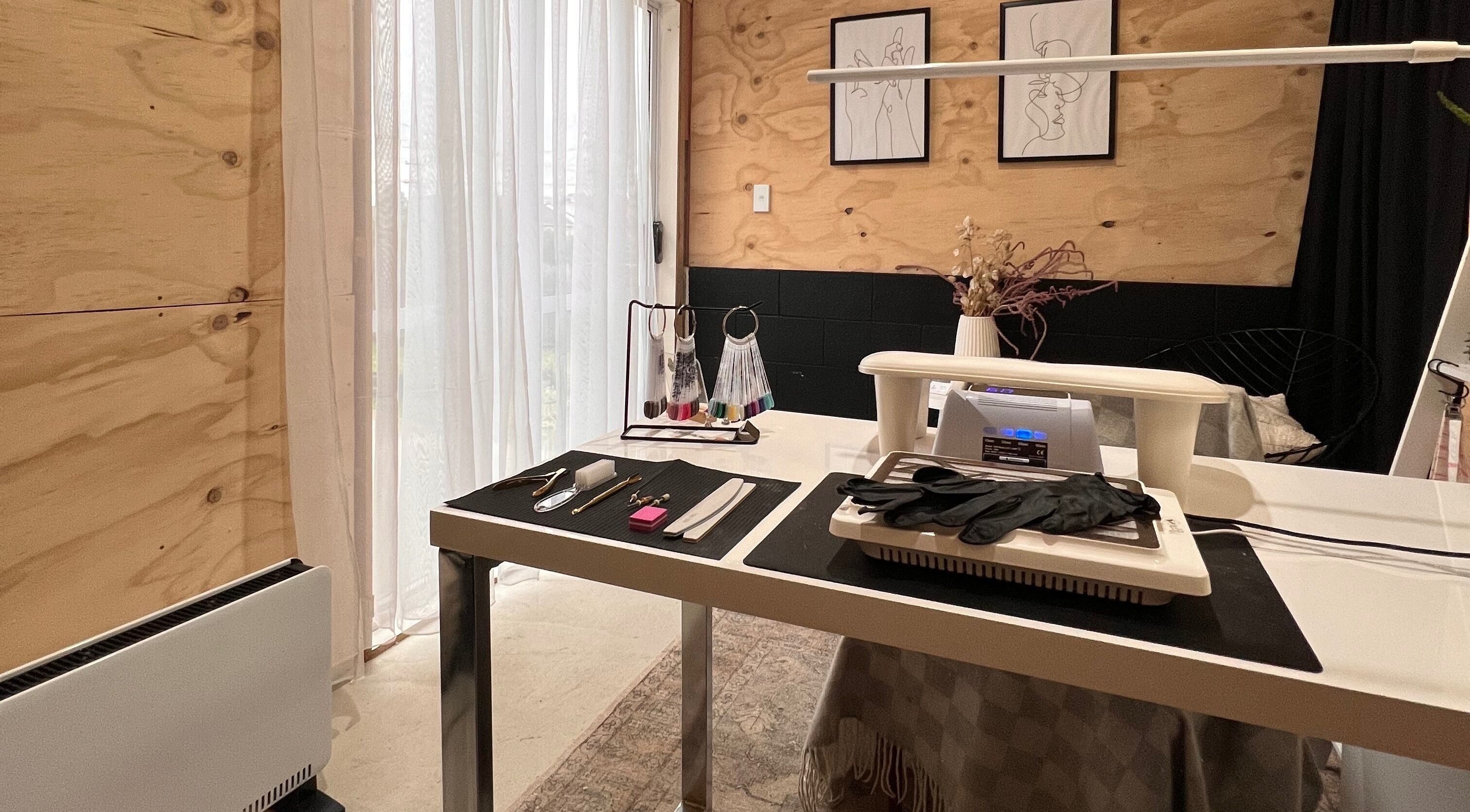Stylish nail salon space at Studio L Nails, New Plymouth, Taranaki Region, NZ with modern decor and manicure tools.