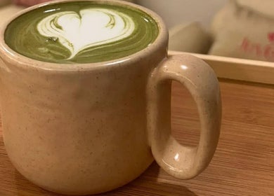 Creamy matcha latte with heart art at Juvenex Beauty Services - Katima Branch, Lusaka, Lusaka Province, ZM.