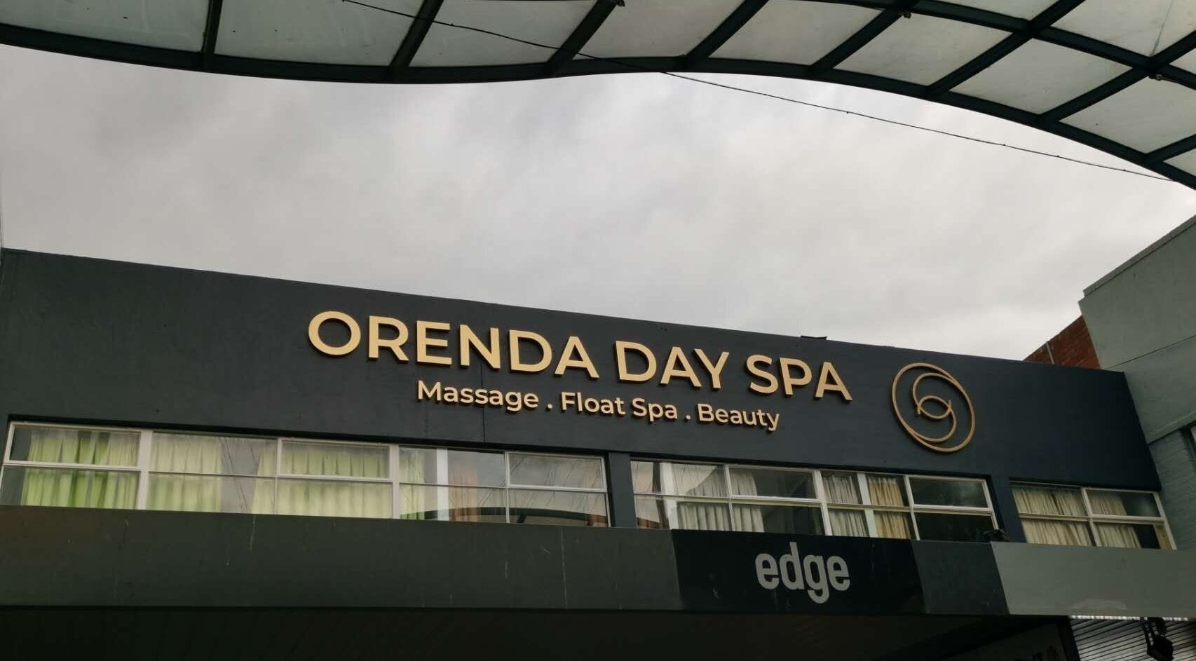 Front view of Orenda Day Spa entrance in Hobart, Tasmania, AU showcasing signage for massage, float spa, beauty.