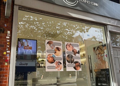 Exterior of Dalya Cosmo clinic in London, England, GB showcasing stylish signage and window displays.