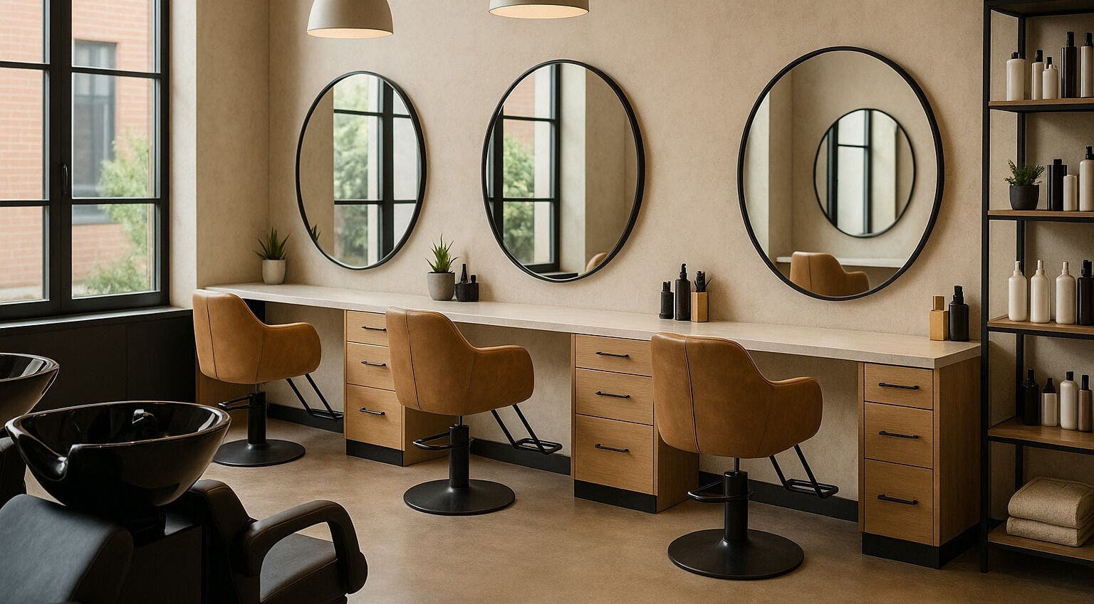 Chic styling stations at True Beauty Salon, Dublin, County Dublin, IE with mirrors and leather chairs.