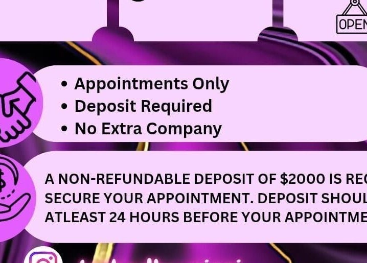 Lashedbynicci booking policy details at Mandeville, Manchester Parish, JM. Appointments only, deposit required.