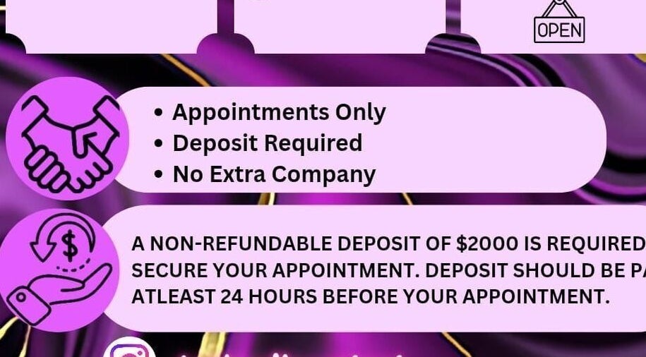 Lashedbynicci booking policy details at Mandeville, Manchester Parish, JM. Appointments only, deposit required.