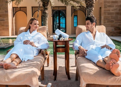 Relaxing at Naturelife Spa Al Mairid in Ras Al Khaimah, Dubai, AE. Luxurious spa experience by the poolside.